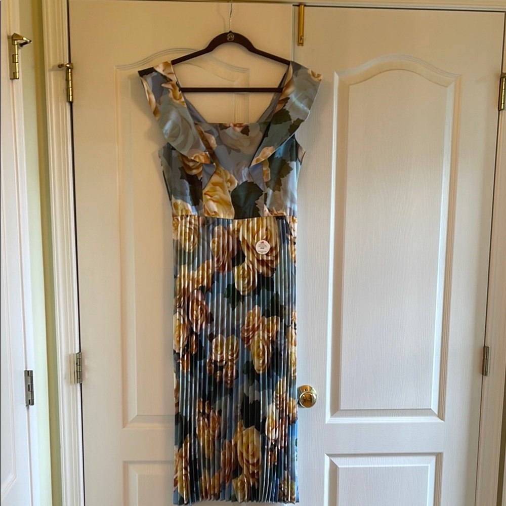 Floral Pleated Dress - Blue and Yellow